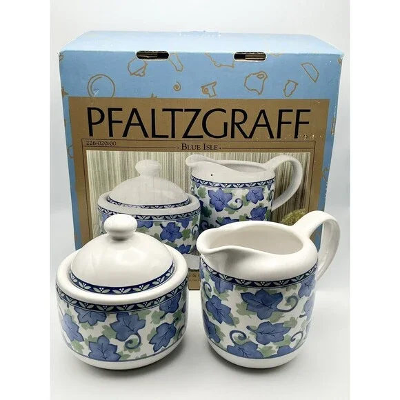Pfaltzgraff Blue Isle 14 oz Creamer 10 oz Sugar Bowl Lid Set 1997 NEW IN BOX - Picture 1 of 12